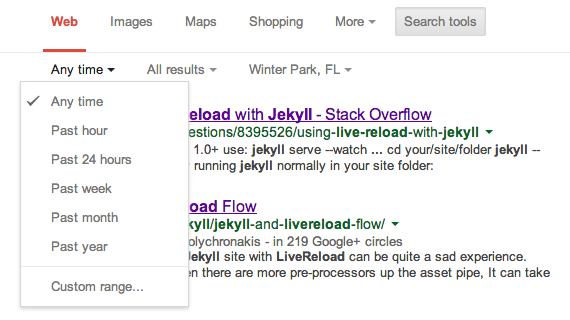Screenshot of the Google Search Tools options to select a date range