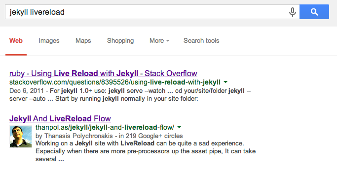Screenshot of my "jekyll livereload" google search
