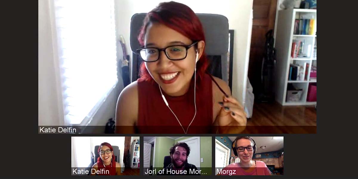 Screenshot of a fully-remote standup with three people each on their own webcams.