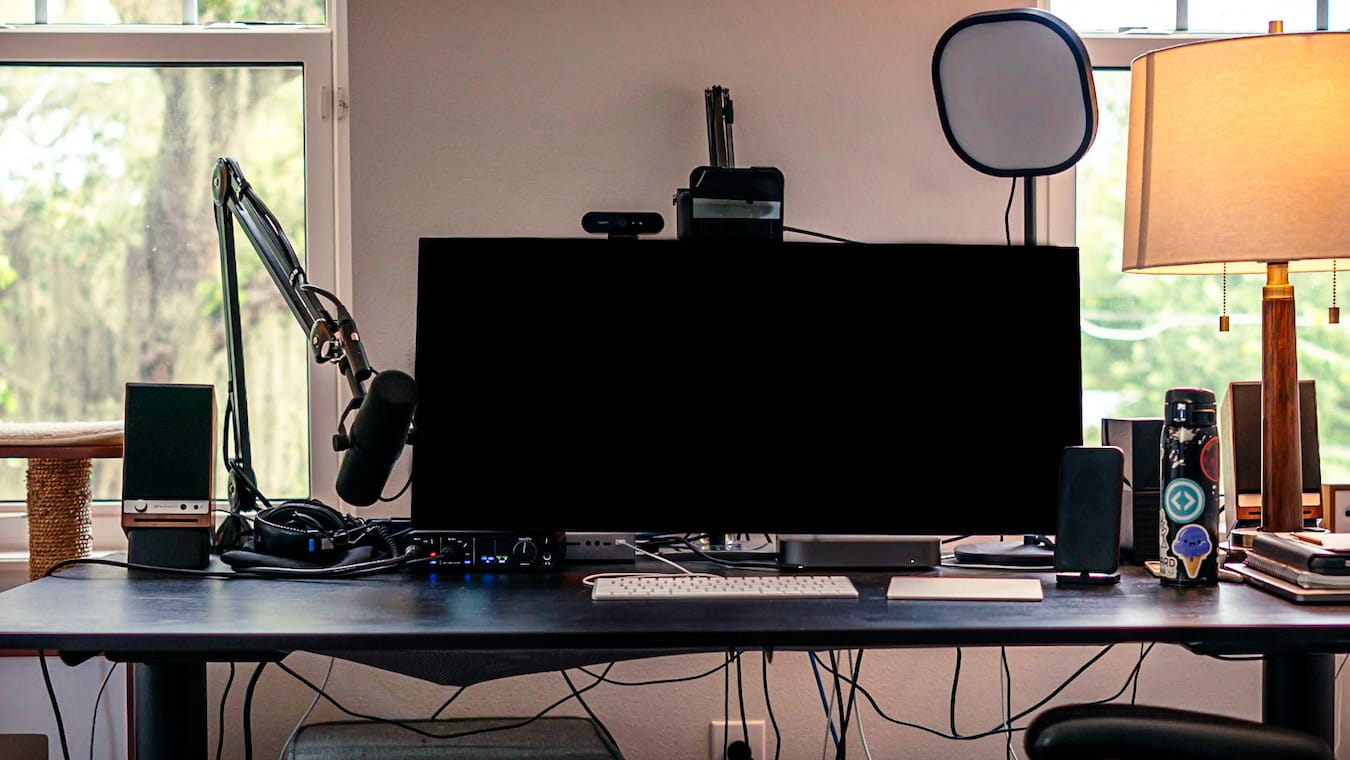 Photograph of my absurdly over-engineered remote worker desk.